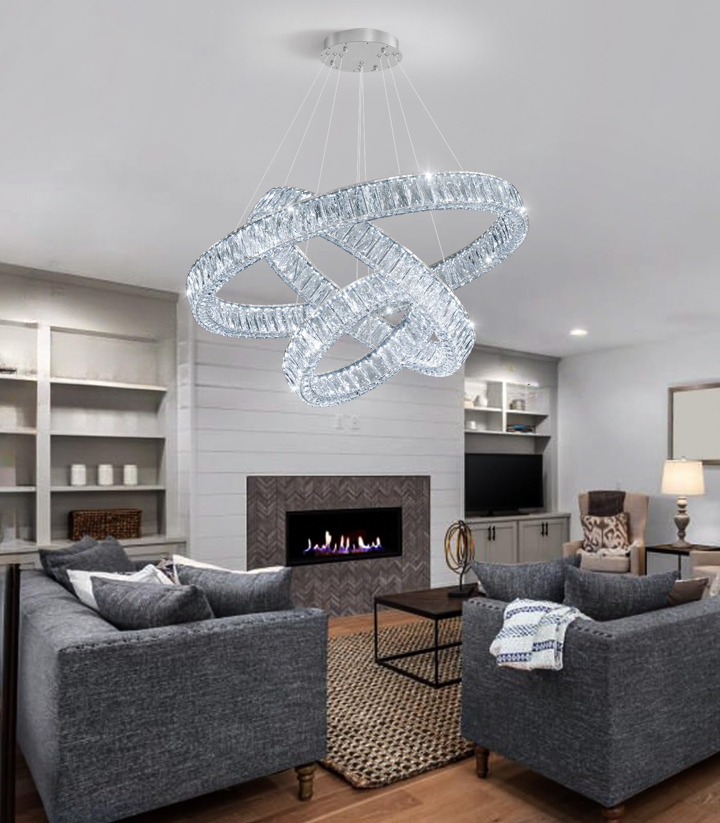 Modern Crystal Chandelier Dimmable LED Ring Pendant Lights Adjustable Glam Chandeliers Lighting Fixtures for Dining Room Living Room Bedroom Silver Light
