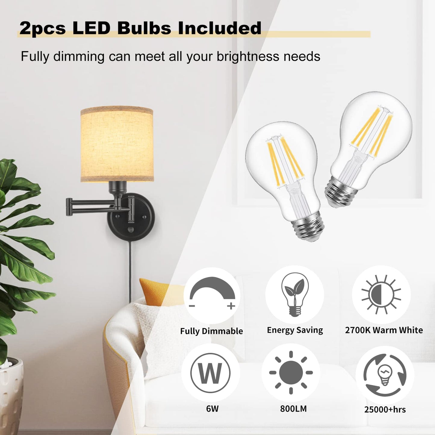 Plug in Wall Sconces with Remote Control, Dimming 10%-100% & Adjustable Colors 2700K-6500K, Hardwire or Plug-in, Swing Arm Wall Lamp with Linen Fabric Shade, Wall Sconces Set of Two, Black Finish
