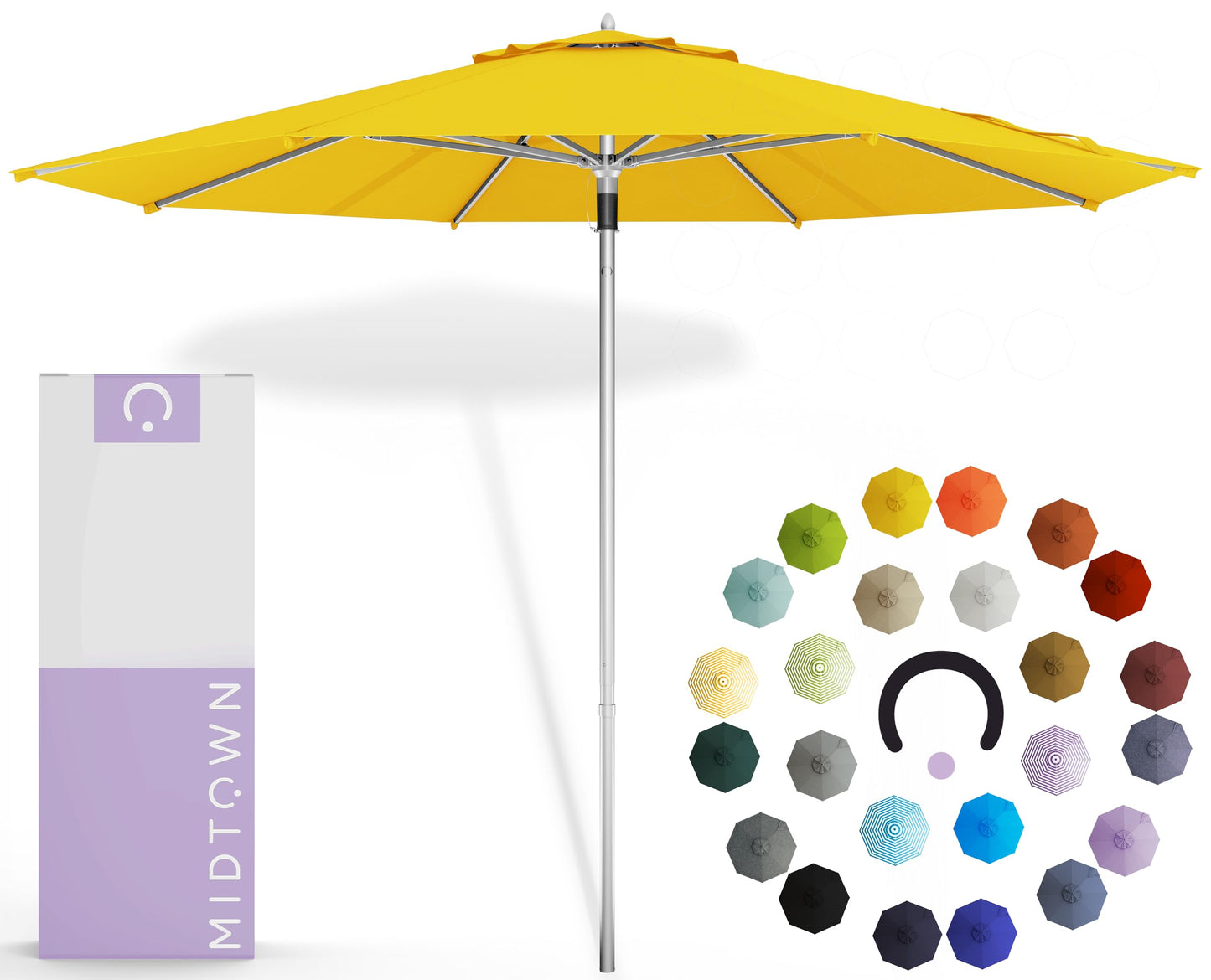 Midtown Umbrellas Push and Pop 9 Feet Outdoor Umbrella With Terylast Black/White Stripes Polyester Fabric - Fiberglass Ribs Deck Patio, Backyard, Garden & Pool - Silver Pole