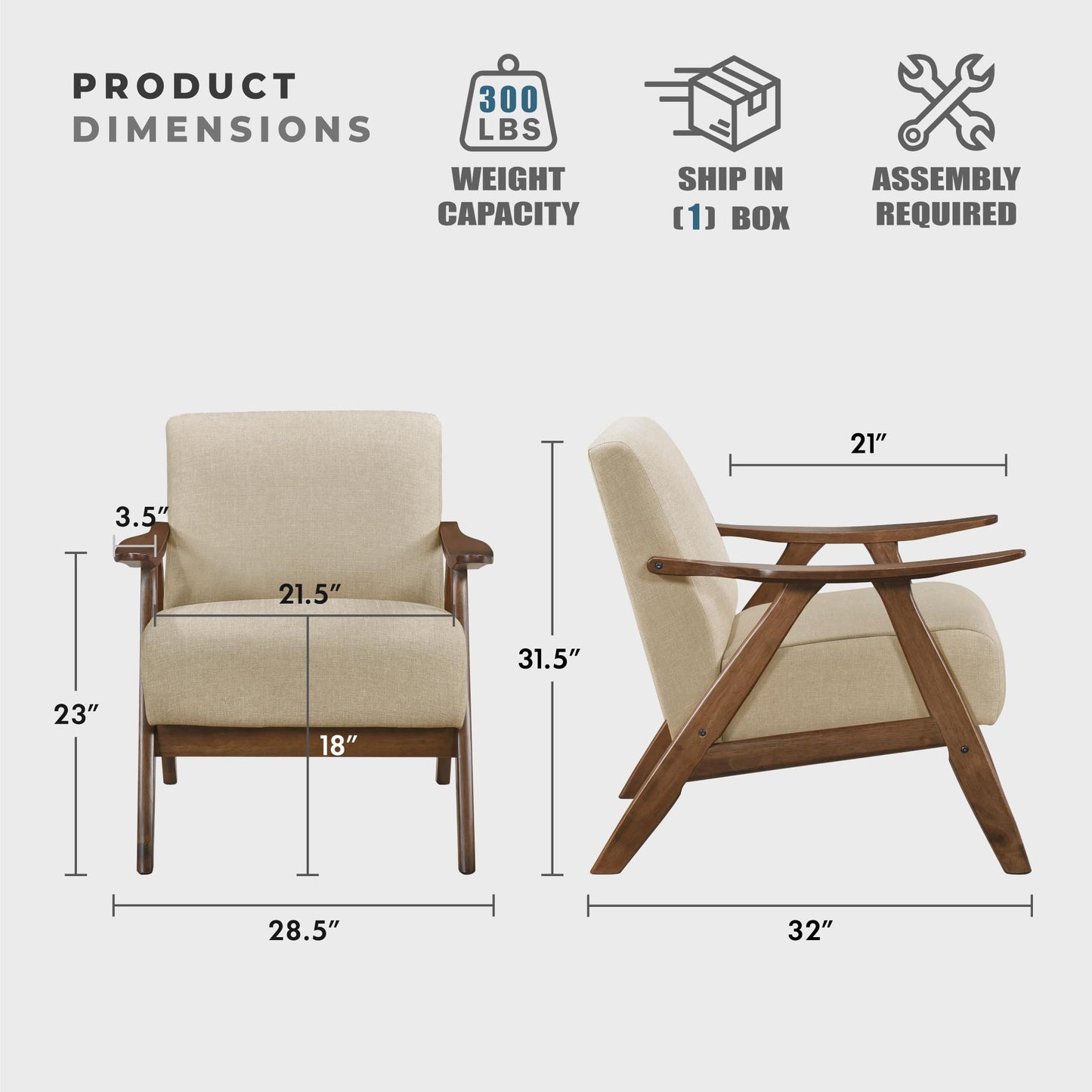Lexicon Mid Century Modern Accent Chair with Solid Wood Frame in Walnut Finish, Upholstered Living Room Lounge Arm Chair, Thick and Comfy Innerspring Seat Cushion, Linen-Look Fabric, Gray
