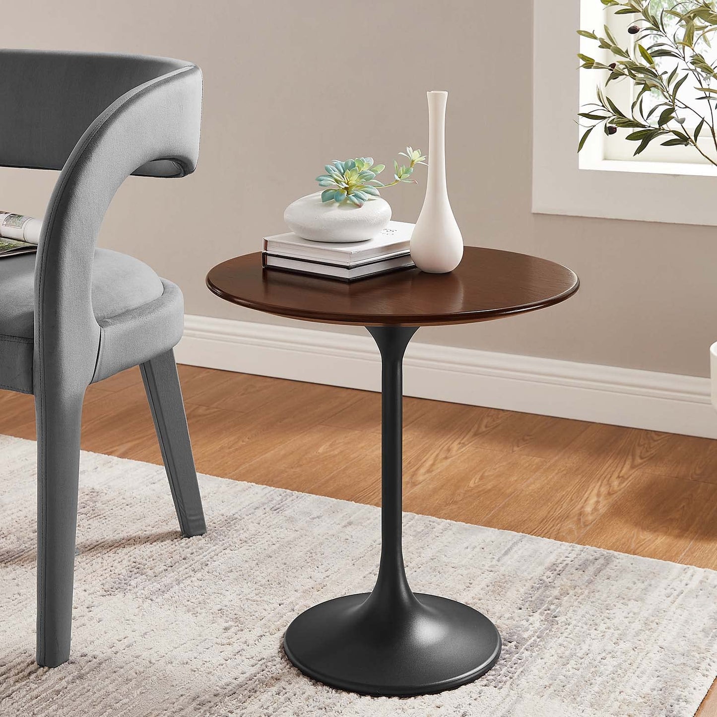 Modway Lippa Round 20" Wood Grain Mid-Century Modern Side Table, Black Cherry