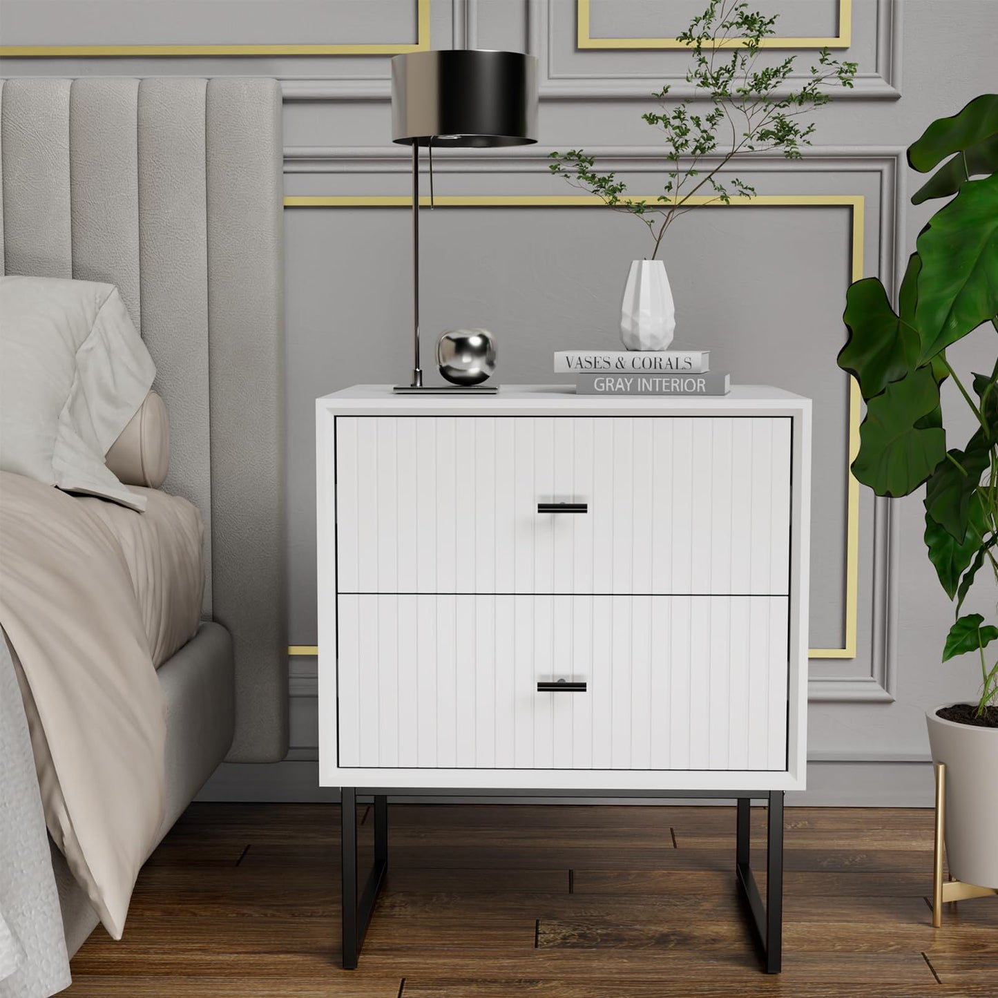 UEV Navy Blue Nightstand Set of 2,Modern Grooved Stripes Bed Side Table with 2 Drawers,Wood End Table with Golden Metal Handles and Pedestal Frame for Bedroom Living Room