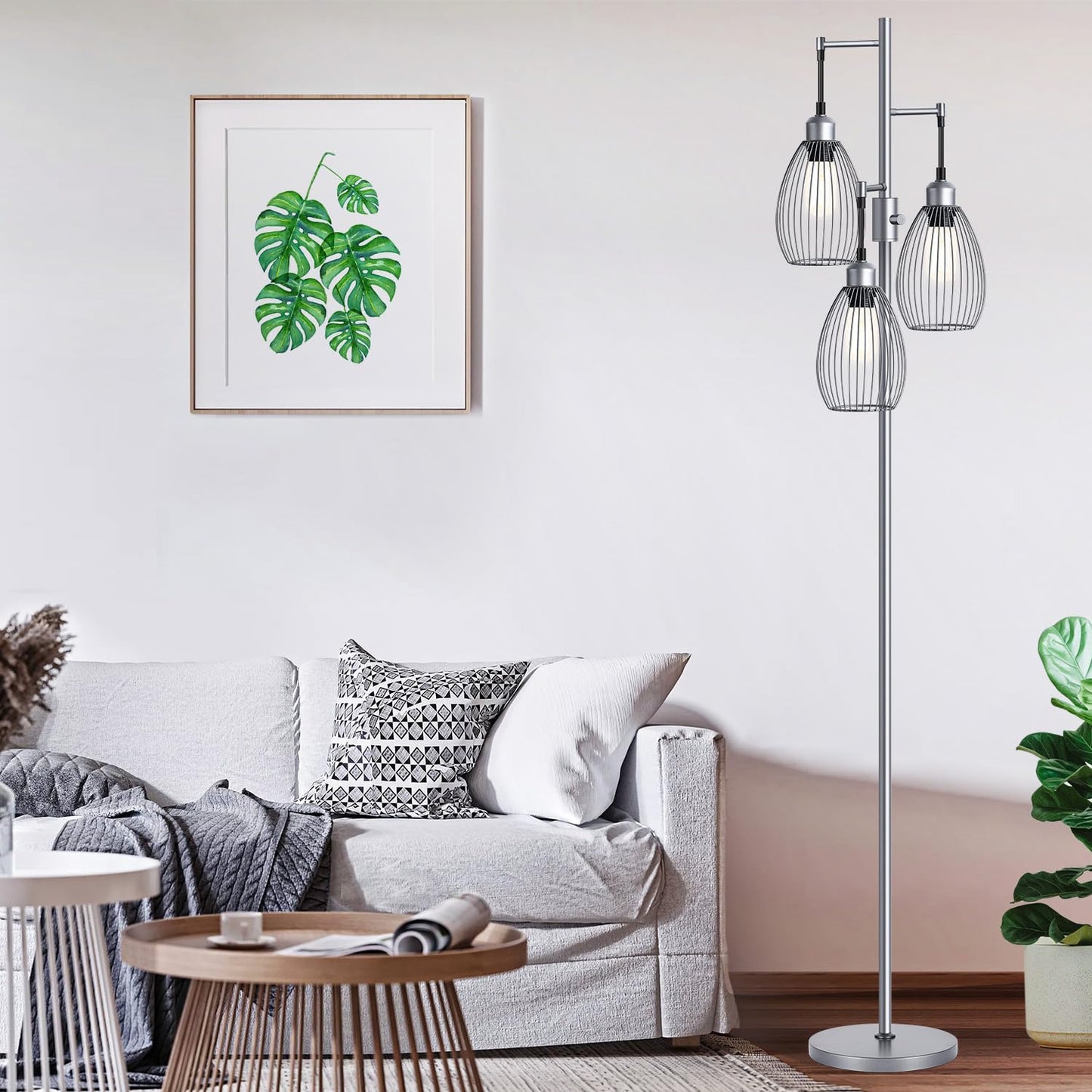 Dimmable Floor Lamp, 3 x 800LM LED Edison Bulbs Included, Farmhouse Industrial Floor Lamp Standing Tree Lamp with Elegant Teardrop Cage Tall Lamps for Living Room Bedroom Office Dining Room-Black