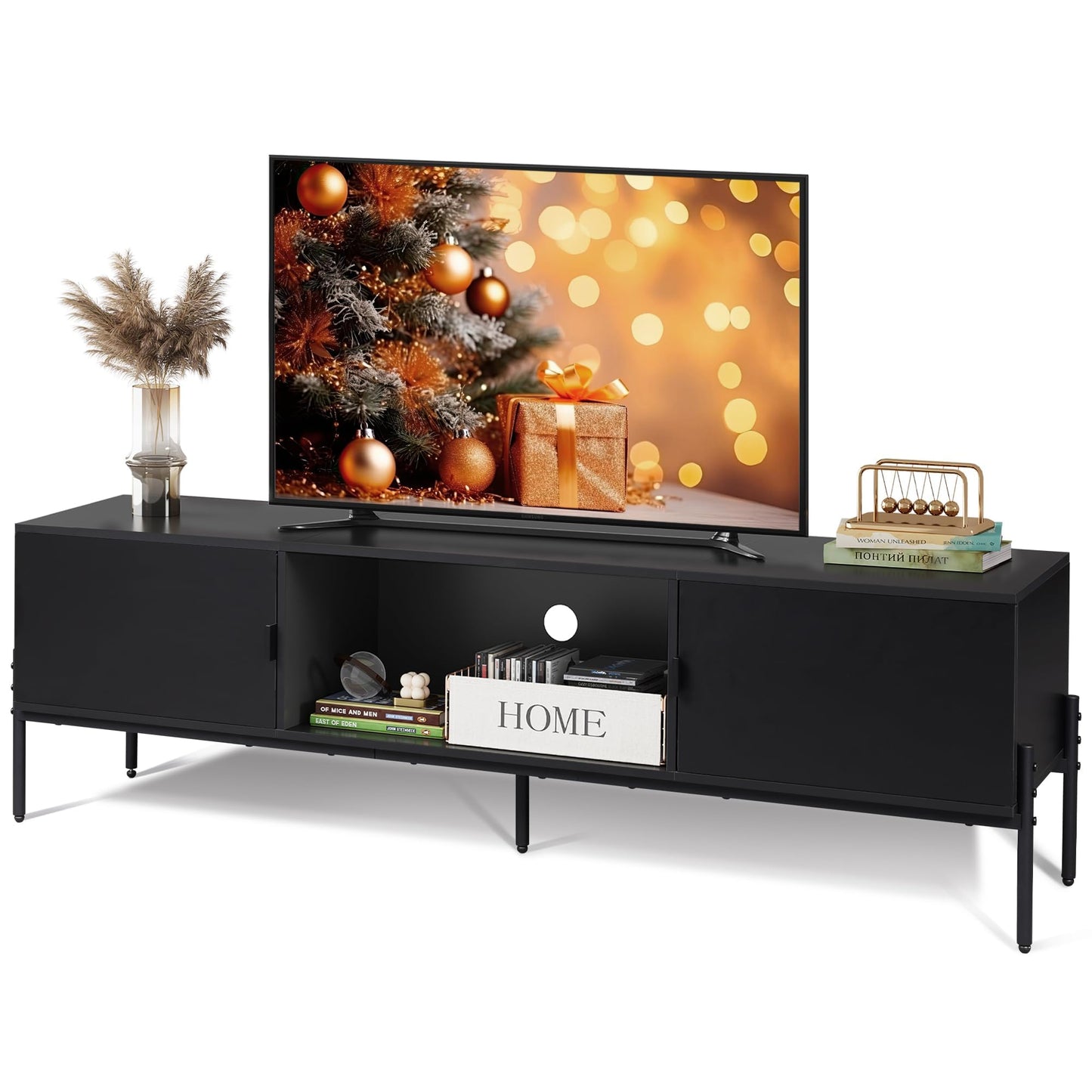 WLIVE Modern TV Stand for 65 Inch TV, Mid Century Entainment Center with Storage Cabinets, TV Console for Bedroom and Living Room, TV Cabinet with Metal Legs, White