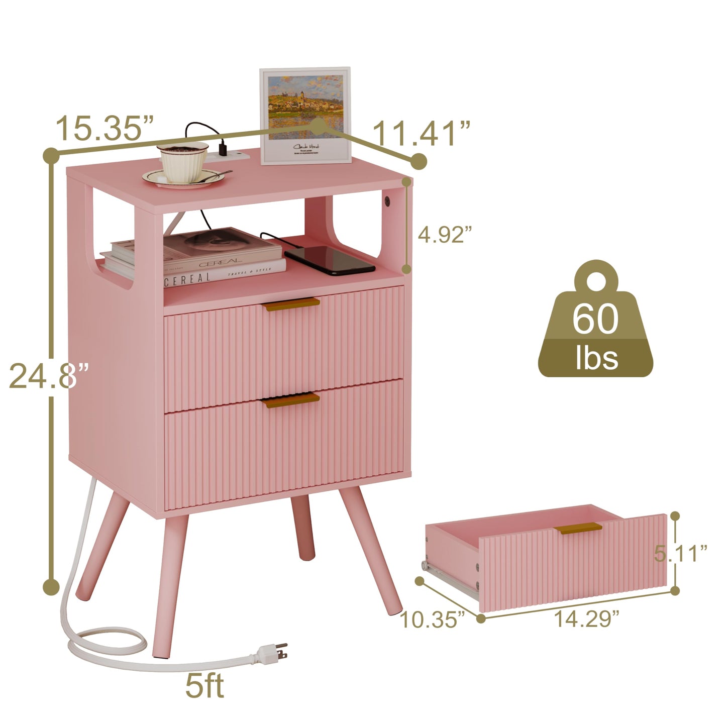 Nightstand with Charging Station and LED Lights,Modern Bedside Table with 2 Storage Drawer and Open Wood Shelf, for Bedroom and Small Spaces,Night Stand with Solid Wood Legs,GreyOak