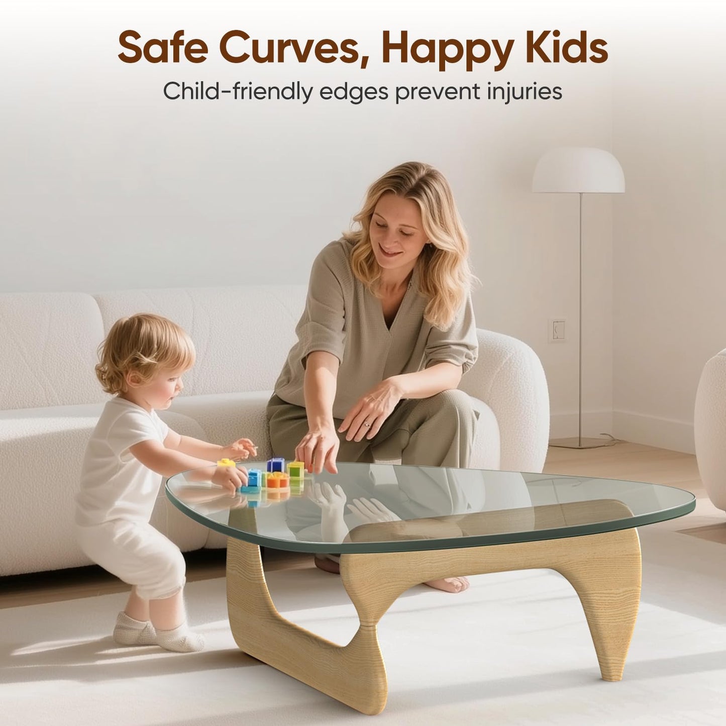 Noguchi Coffee Table – Mid-Century Modern Triangle Glass Coffee Table with Clear Tempered Top & Wood Base, End Table for Living Room Office Hotel Balcony, 50" W x 37.5" D