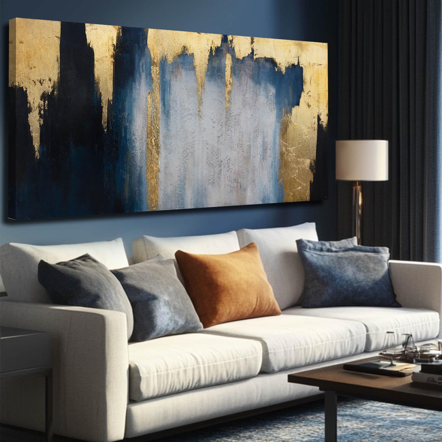 MLART99 Blue and White Abstract Wall Art Grunge Posters Gold Painting for Home Office 29"x 58" Gallery Wall Prints Large Size Artwork for Walls