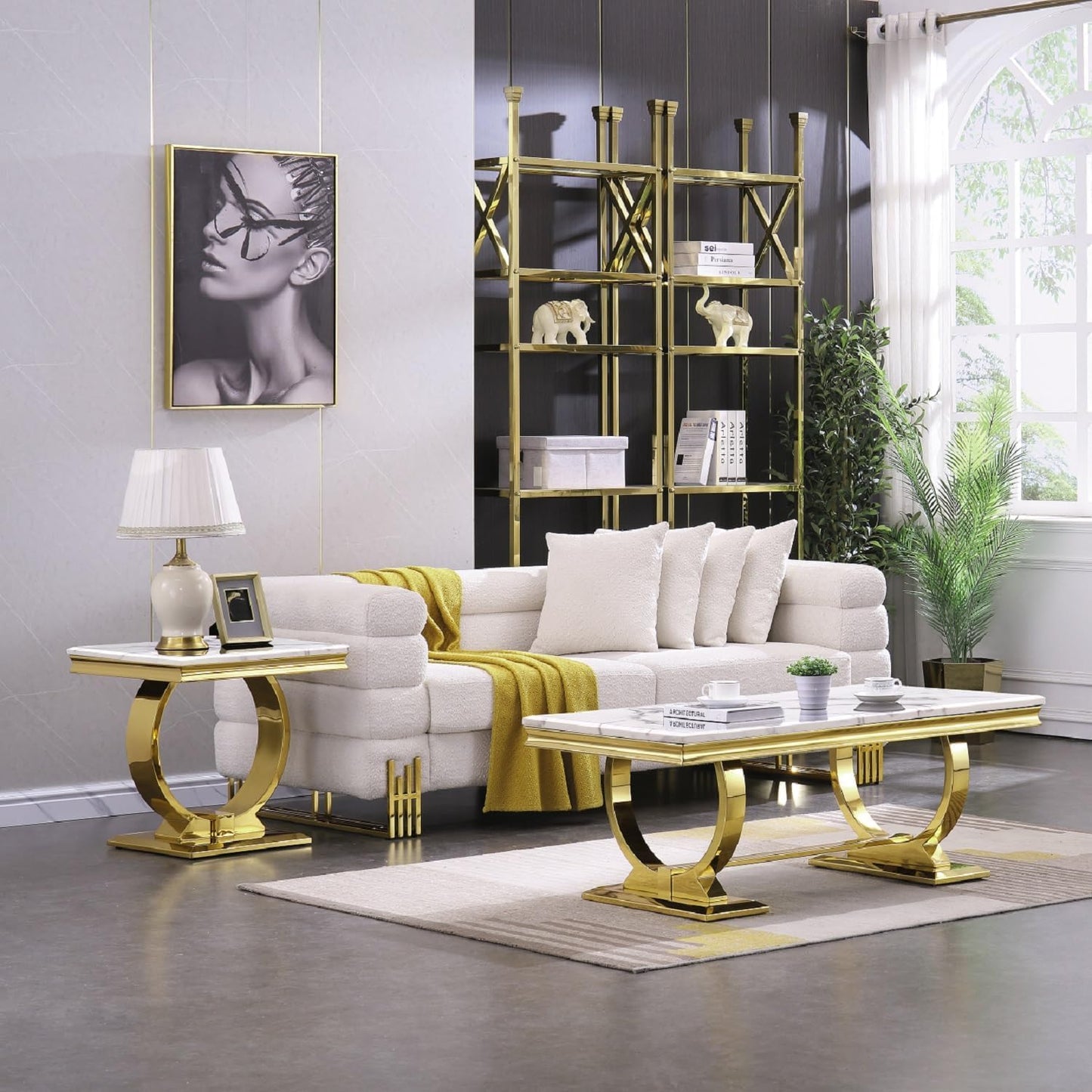 Asday Gold and White Coffee Table, Rectangle Marble Living Room Tea Table, Elegant Coffee Table for Living Room, Guest Hall, Reception Room