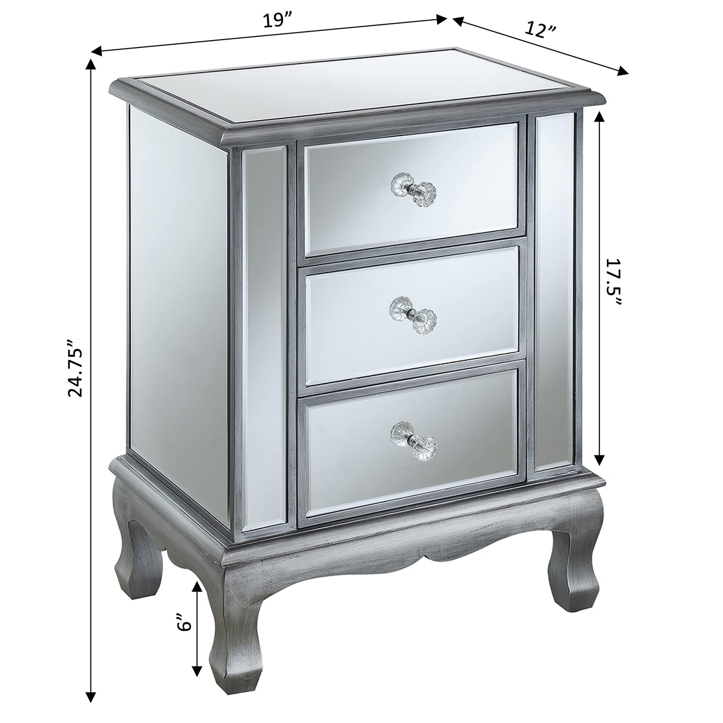 Convenience Concepts Gold Coast Vineyard Mirrored End Table 19" - Living Room Table with 3 Drawers for Storage, Nightstand Side Table, Weathered White/Mirror