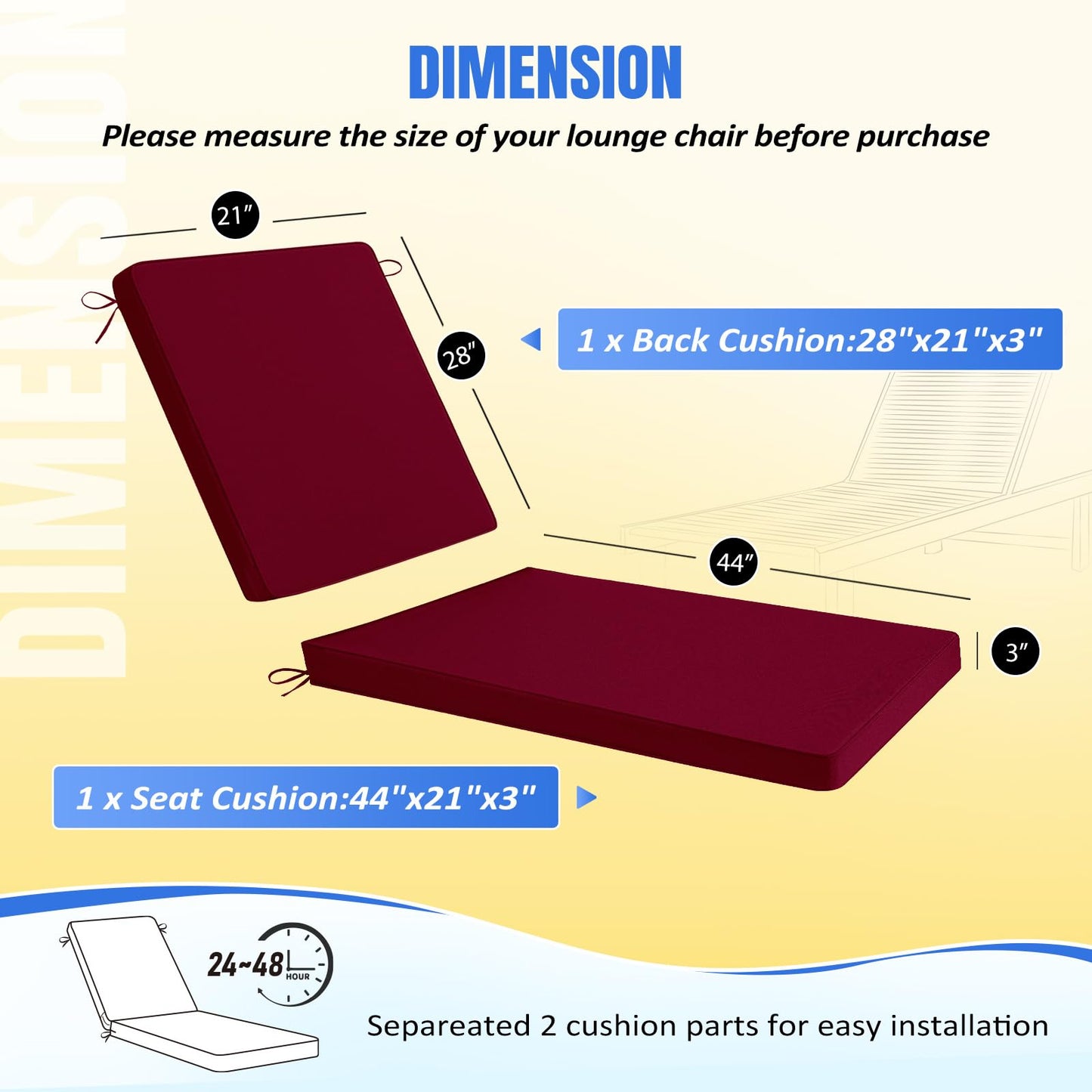 Basic Beyond Chaise Lounge Cushions Outdoor, 3-Layer Waterproof Outdoor Furniture Cushions with Removable Cover and 4 Ties, 72"x21"x3" Patio Lounge Chair Cushions for Outdoor Furniture, Yellow