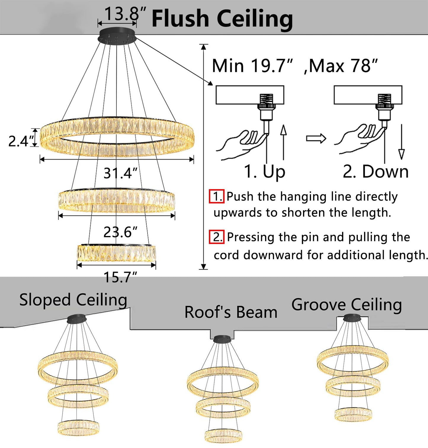 Modern Crystal Chandelier Dimmable LED Ring Pendant Lights Adjustable Glam Chandeliers Lighting Fixtures for Dining Room Living Room Bedroom Silver Light