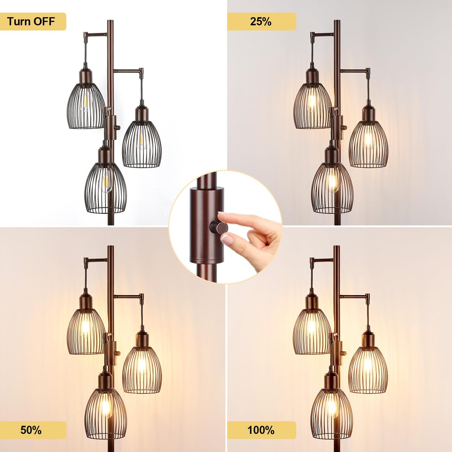 Dimmable Floor Lamp, 3 x 800LM LED Edison Bulbs Included, Farmhouse Industrial Floor Lamp Standing Tree Lamp with Elegant Teardrop Cage Tall Lamps for Living Room Bedroom Office Dining Room-Black