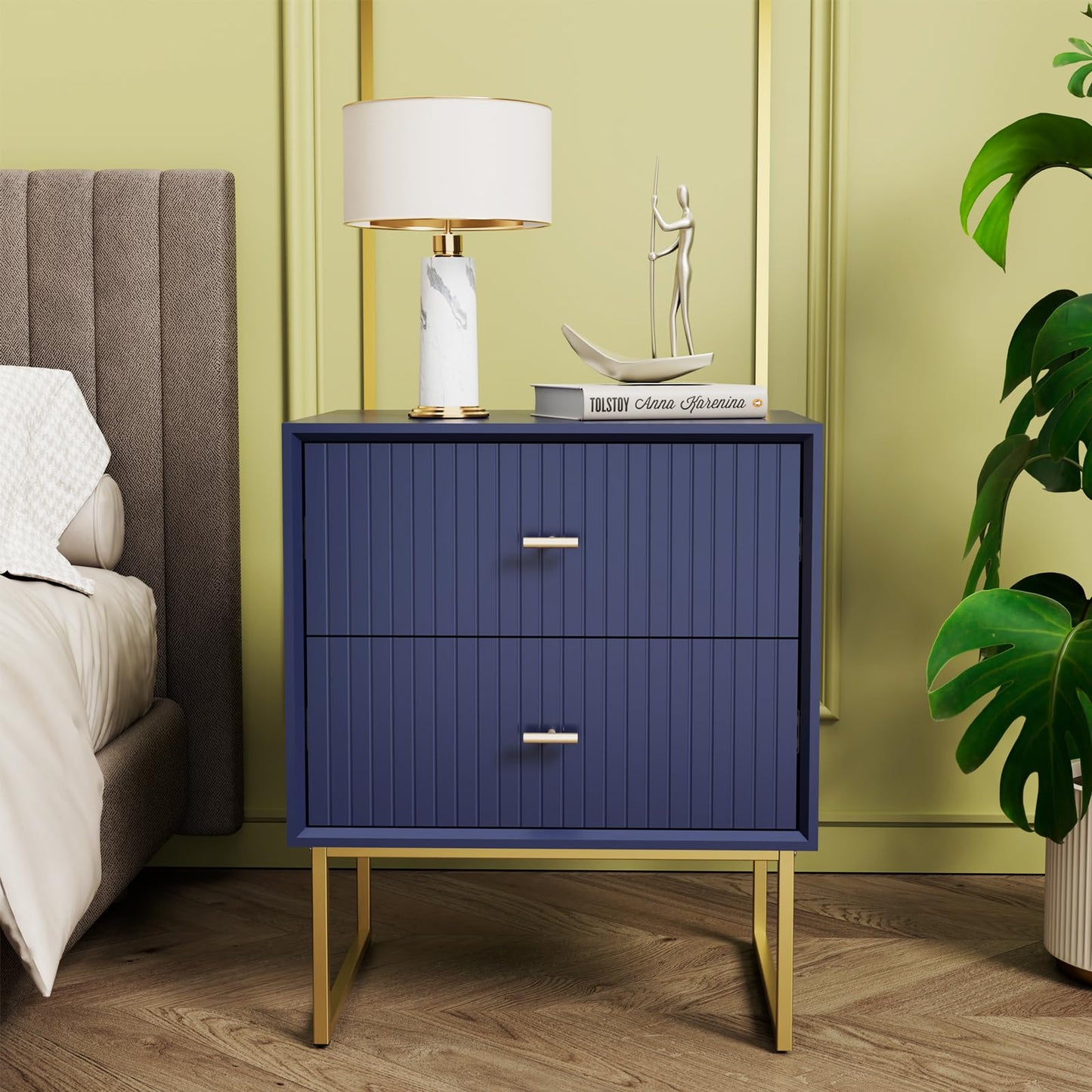 UEV Navy Blue Nightstand Set of 2,Modern Grooved Stripes Bed Side Table with 2 Drawers,Wood End Table with Golden Metal Handles and Pedestal Frame for Bedroom Living Room