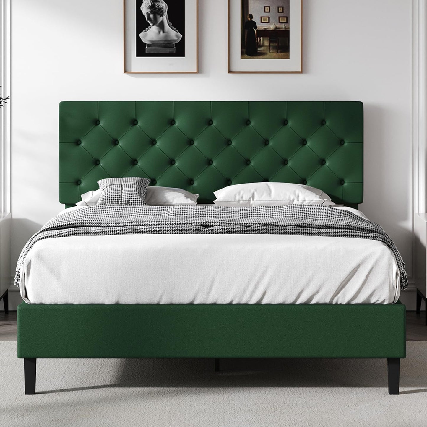 Queen Bed Frame with Headboard, Faux Leather Upholstered Platform Bed Frame, Blue Bed Frame Queen Size, Wooden Slat Support, No Box Spring Needed, Navy Blue