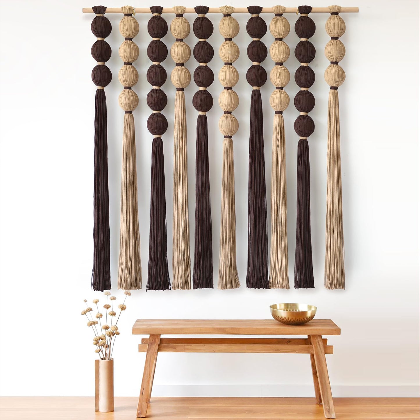 IOWER Macrame Wall Hanging Brown Yarn Beaded Backdrop Boho Wall Decor Round Tassel Home Wall Aesthetic Living Rooms Bedrooms Offices Geometric Art Chic Home Decor 39" W x 55" L