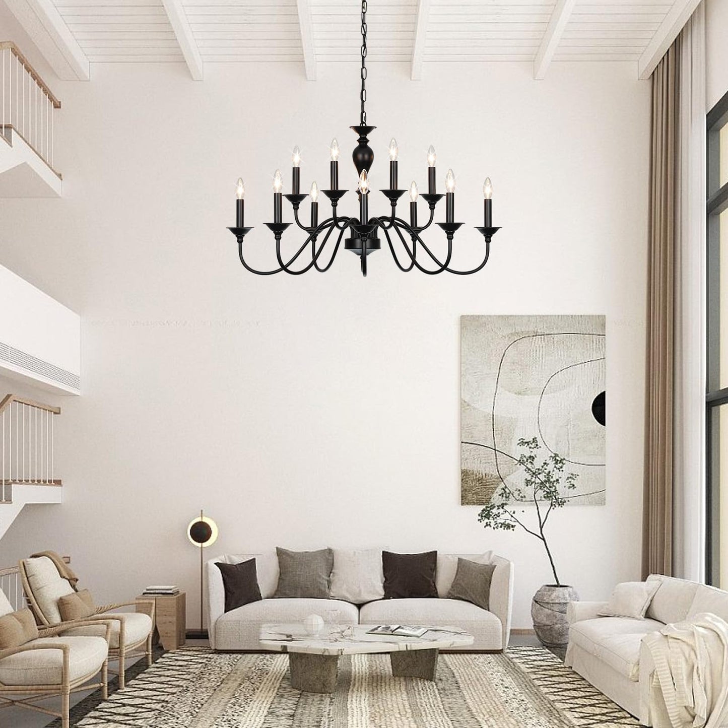 15 Light Black Farmhouse Chandeliers for Dining Room Light Fixtures Over Table, Vintage Candle Large Chandelier for Living Room Foyer Staircase Restaurant Showroom Villa