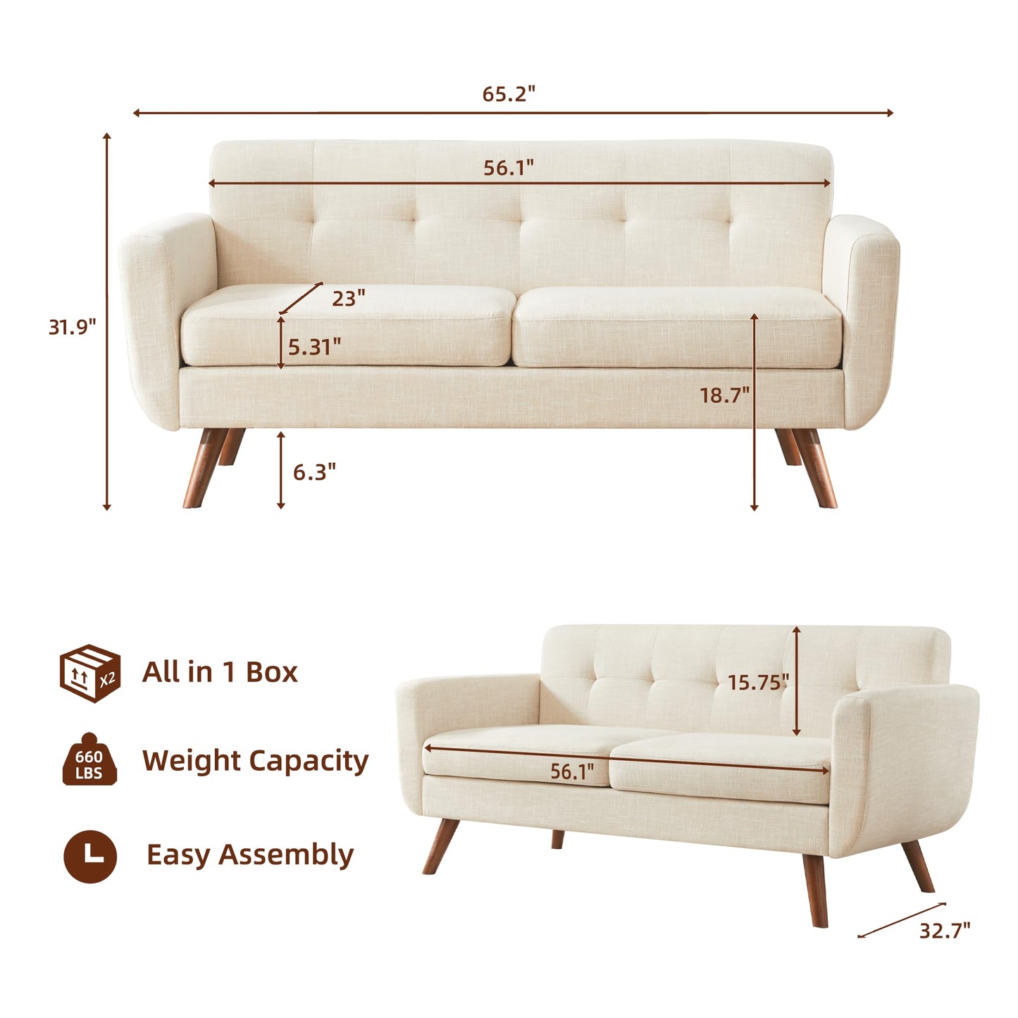 Tbfit 65" W Loveseat Sofa, Mid Century Modern Love Seat Couches for Living Room, Button Tufted Upholstered Small Couch for Bedroom, Solid and Easy to Install Love Seats Furniture, Grey