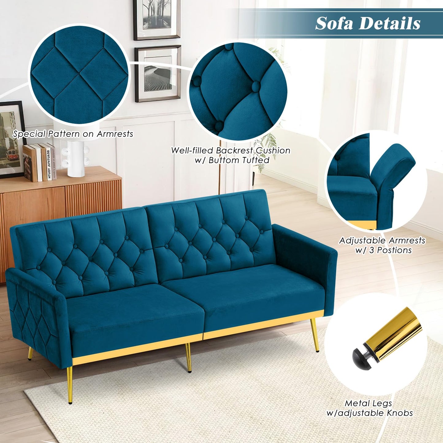 Velvet Sofa Bed w/Adjustable Armrests and Backrests, Modern Convertible Sleeper Sofa, Tufted Futon Sofa for Bedroom, Living Room, Apartment, Orange