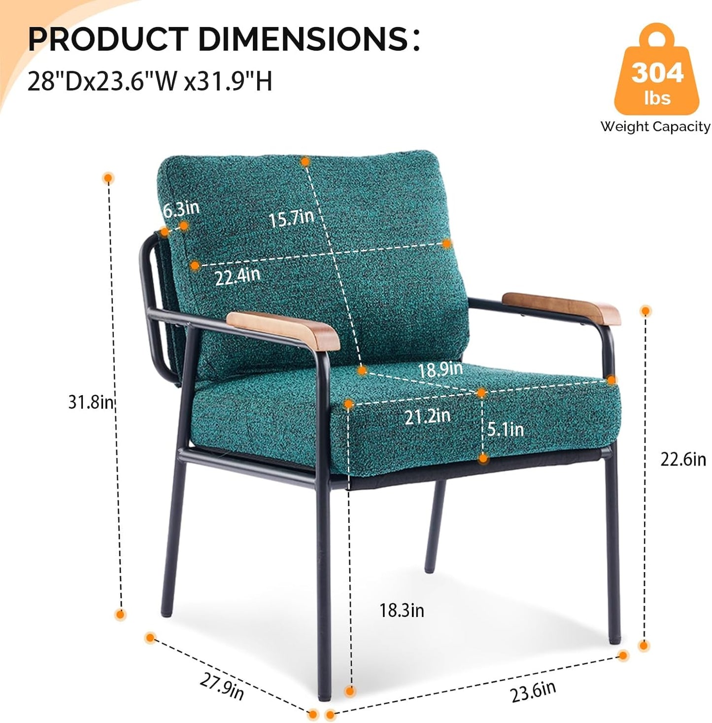 VINGLI Mid-Century Modern Accent Armchiar for Small Space, Small Comfy Upholstered Leisure Reading Chair with Wood Armrest for Bedroom, Living Room, Waiting Room, Linen Teal
