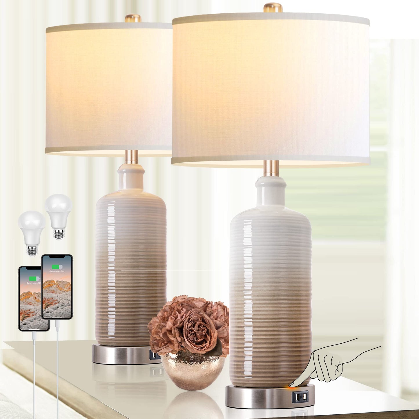 CeramicTable Lamps Set of 2 Lamps for Bedroom Living Room Office 26" Rotary Coastal Bedside Lamp for Nightstand with 2 USB Ports 3-Colors