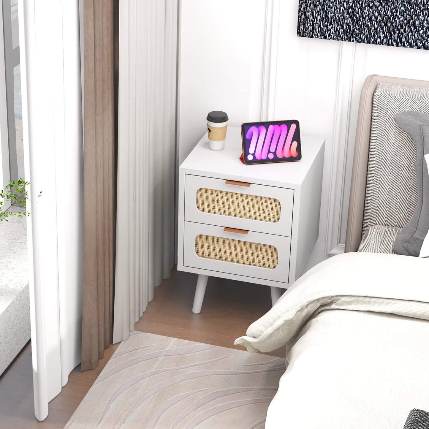 HOPUBUY Nightstands Set of 2 with Rattan Drawer, Modern Night Stand for Bedrooms, Wooden 2 Drawer Bedside Table Side Table for Small Place and Bedroom (Brown, 2 Drawers 2 Pack)