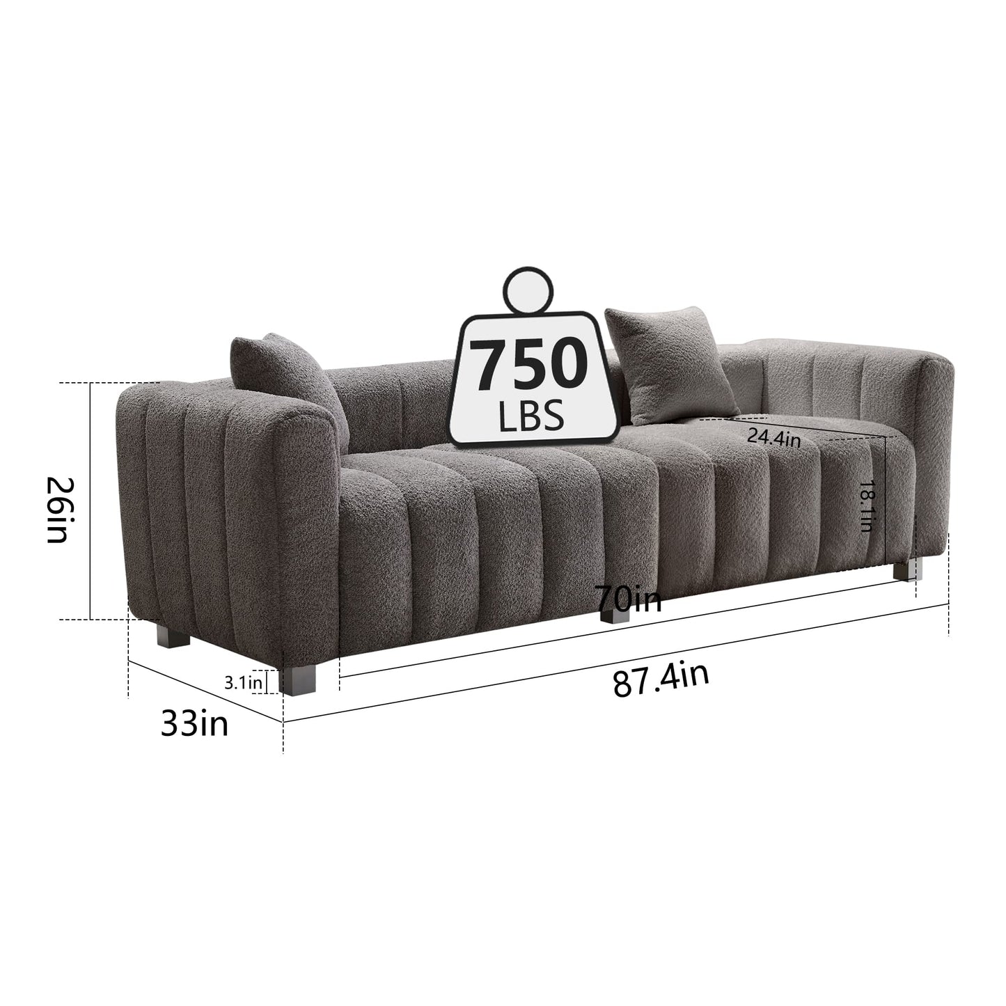 87.4" Modern 3 Seater Boucle Sofa Couch for Living Room, Mid Century Fluffy Couches with Solid Wood Frame and 6 Legs for Bedroom, Apartment, Weight Capacity 750 LBS (White)