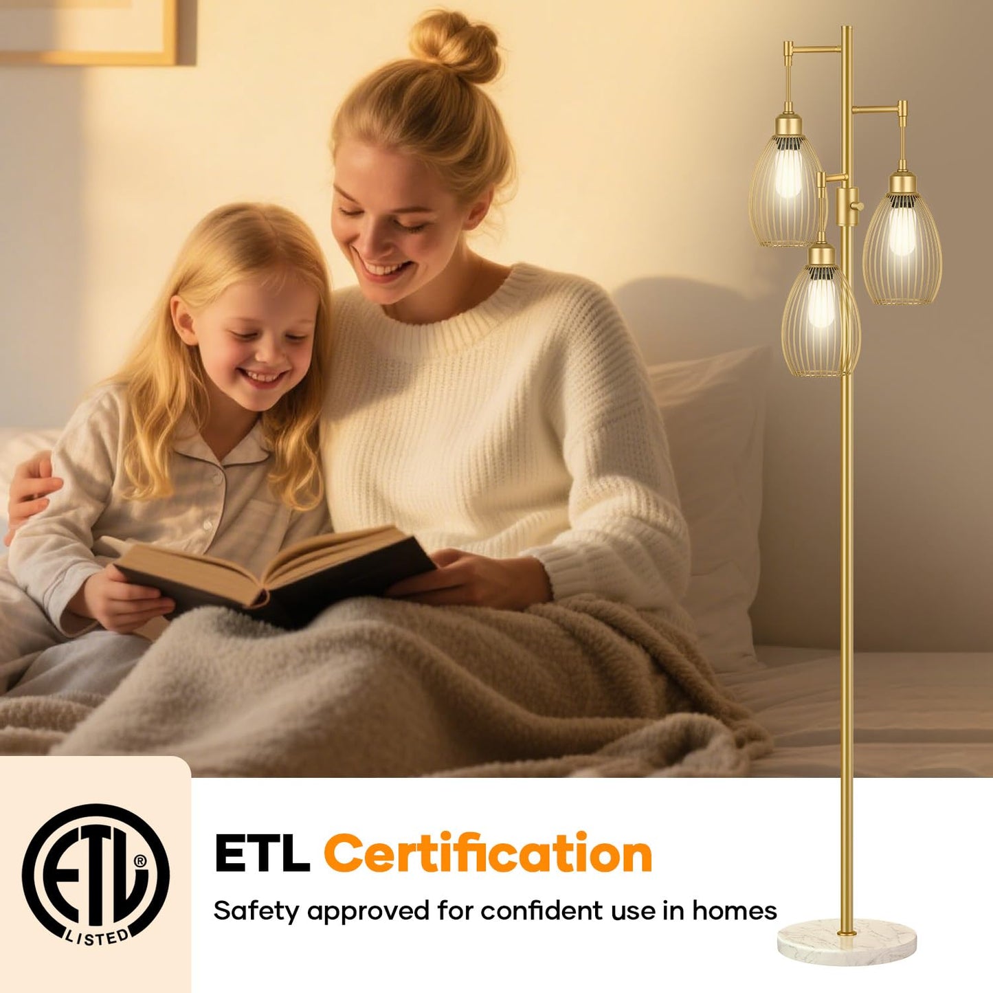 Dimmable Floor Lamp, 3 x 800LM LED Edison Bulbs Included, Farmhouse Industrial Floor Lamp Standing Tree Lamp with Elegant Teardrop Cage Tall Lamps for Living Room Bedroom Office Dining Room-Black