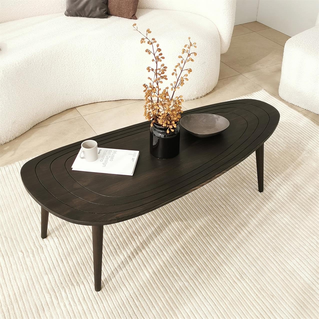 Solid Wood Oval Coffee Table, Engraved Wooden Center Table, Modern Surfboard Table, Mid Century Aesthetic Low Coffee Table, Vintage Living Room Furniture (Walnut)
