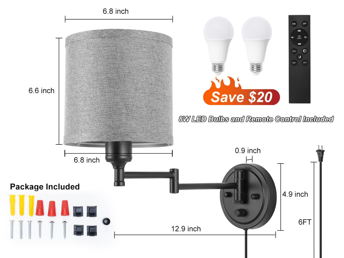 Plug in Wall Sconces with Remote Control, Dimming 10%-100% & Adjustable Colors 2700K-6500K, Hardwire or Plug-in, Swing Arm Wall Lamp with Linen Fabric Shade, Wall Sconces Set of Two, Black Finish
