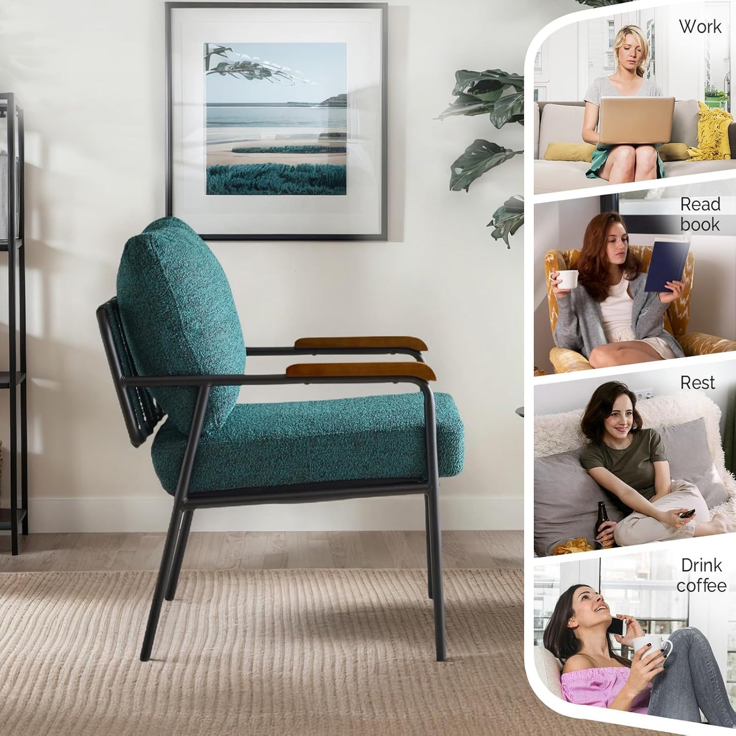 VINGLI Mid-Century Modern Accent Armchiar for Small Space, Small Comfy Upholstered Leisure Reading Chair with Wood Armrest for Bedroom, Living Room, Waiting Room, Linen Teal