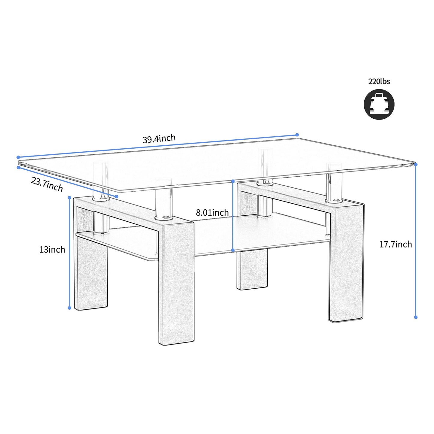 Meihua Tempered Glass Coffee Table for Living Room, Clear Center Table with 0.47 inch Tempered Glass, Transparent Modern Coffee Table