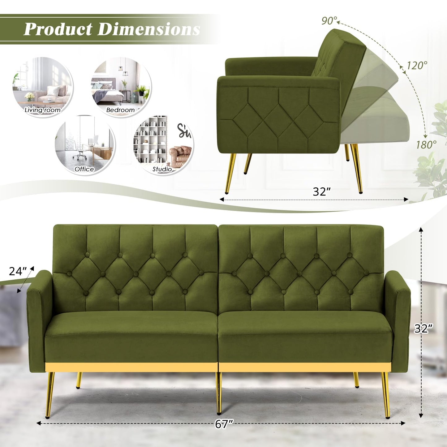 Velvet Sofa Bed w/Adjustable Armrests and Backrests, Modern Convertible Sleeper Sofa, Tufted Futon Sofa for Bedroom, Living Room, Apartment, Orange