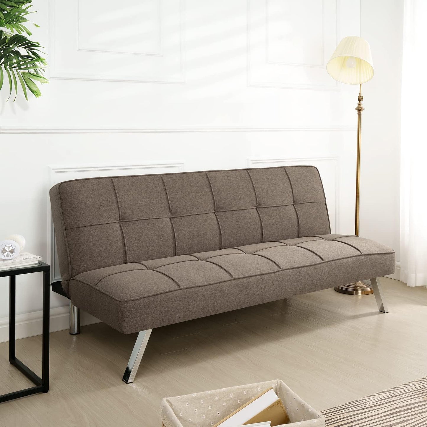 Naomi Home Madison Futon Sofa Bed, Tan Linen, 3-Position Convertible, Space-Saving, 66.14" W