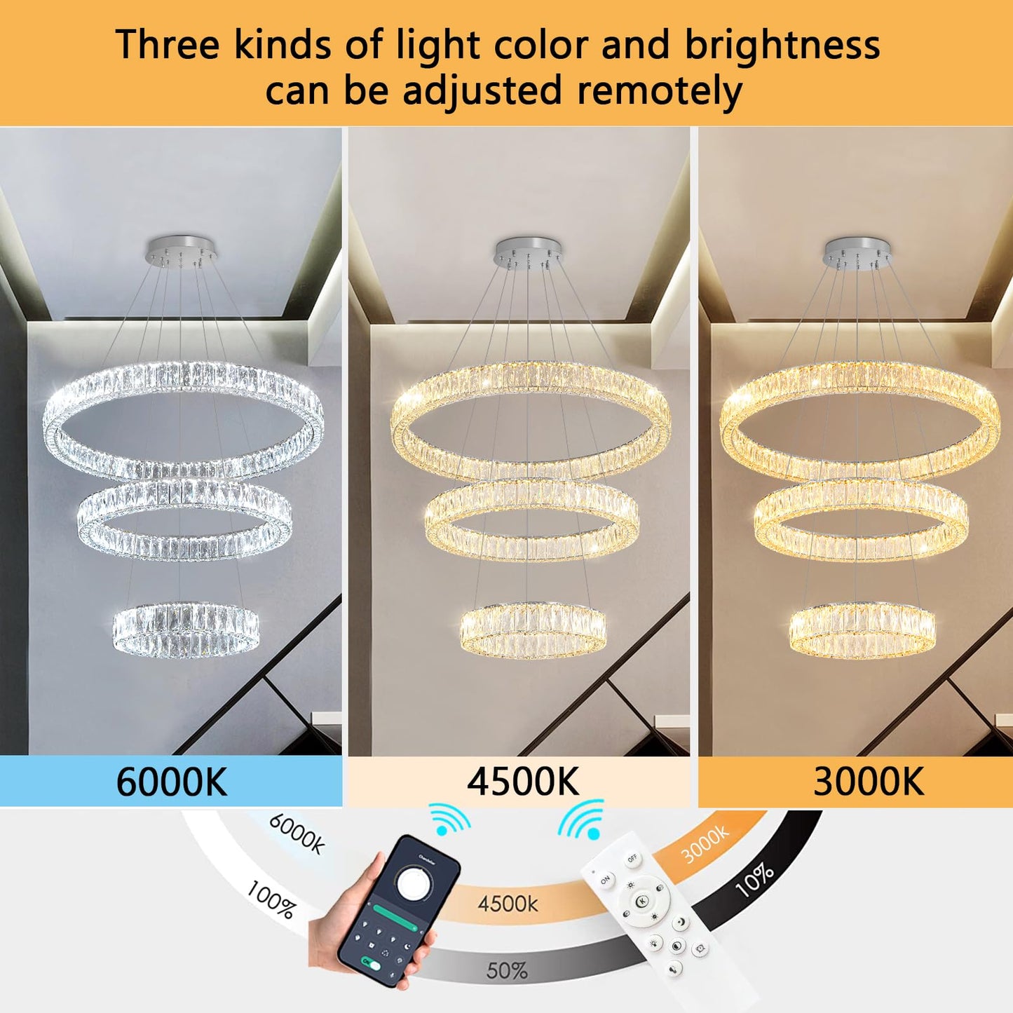 Modern Crystal Chandelier Dimmable LED Ring Pendant Lights Adjustable Glam Chandeliers Lighting Fixtures for Dining Room Living Room Bedroom Silver Light