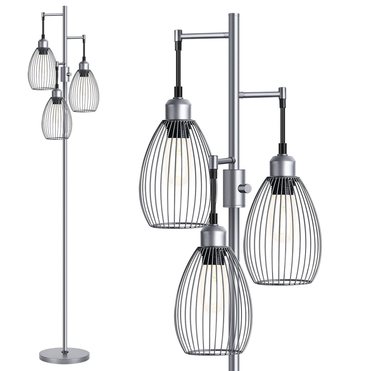 Dimmable Floor Lamp, 3 x 800LM LED Edison Bulbs Included, Farmhouse Industrial Floor Lamp Standing Tree Lamp with Elegant Teardrop Cage Tall Lamps for Living Room Bedroom Office Dining Room-Black