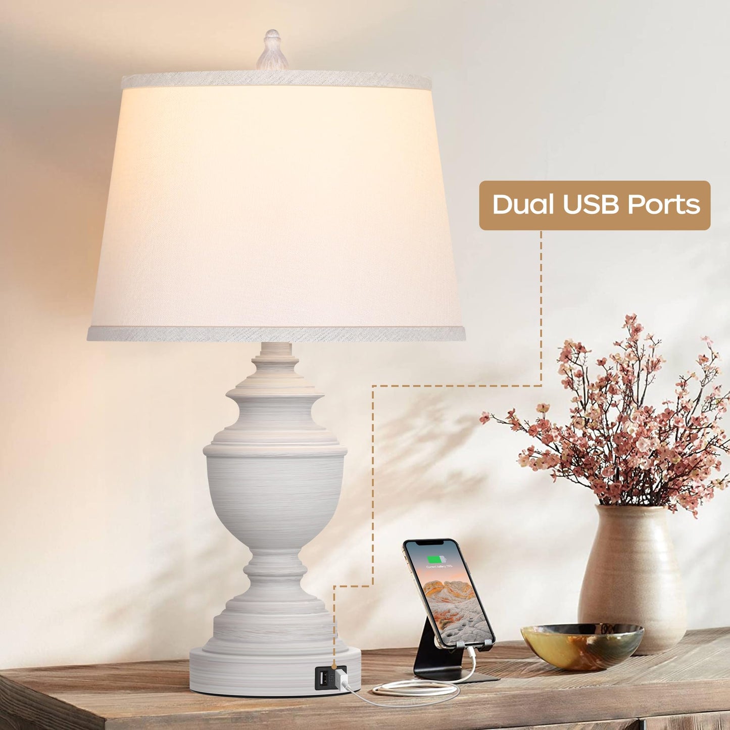 CeramicTable Lamps Set of 2 Lamps for Bedroom Living Room Office 26" Rotary Coastal Bedside Lamp for Nightstand with 2 USB Ports 3-Colors