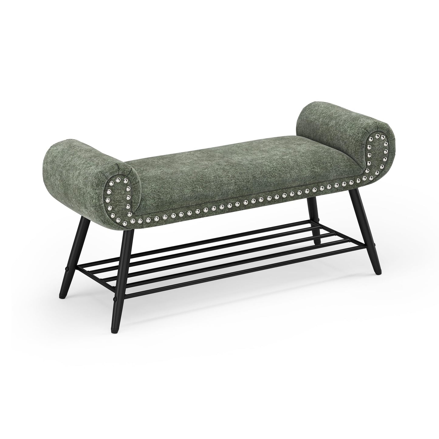 LUE BONA 45.3" End of Bed Bench, Modern Bedroom Leather Upholstered Shoe Benches, Ottoman with Stable Metal Frame and Solid Shelf for Bedroom, entryway, Living Room,Foyer, 330LB, Brown