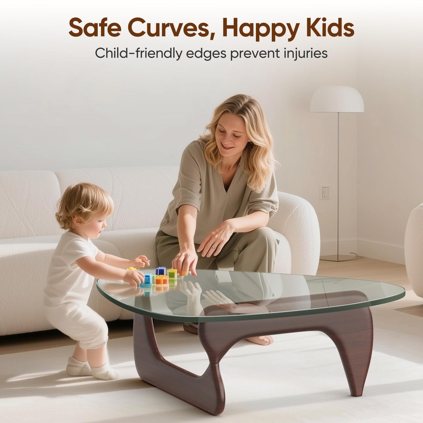 Noguchi Coffee Table – Mid-Century Modern Triangle Glass Coffee Table with Clear Tempered Top & Wood Base, End Table for Living Room Office Hotel Balcony, 50" W x 37.5" D