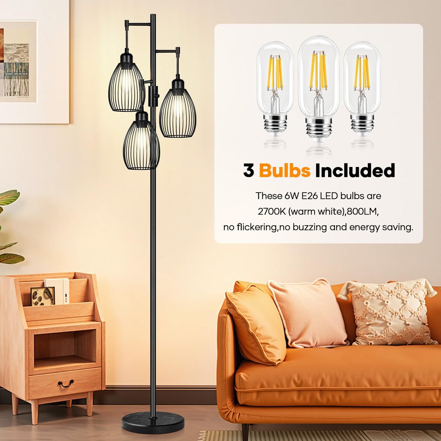 Dimmable Floor Lamp, 3 x 800LM LED Edison Bulbs Included, Farmhouse Industrial Floor Lamp Standing Tree Lamp with Elegant Teardrop Cage Tall Lamps for Living Room Bedroom Office Dining Room-Black