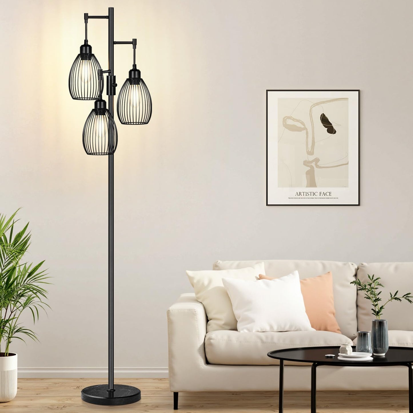 Dimmable Floor Lamp, 3 x 800LM LED Edison Bulbs Included, Farmhouse Industrial Floor Lamp Standing Tree Lamp with Elegant Teardrop Cage Tall Lamps for Living Room Bedroom Office Dining Room-Black