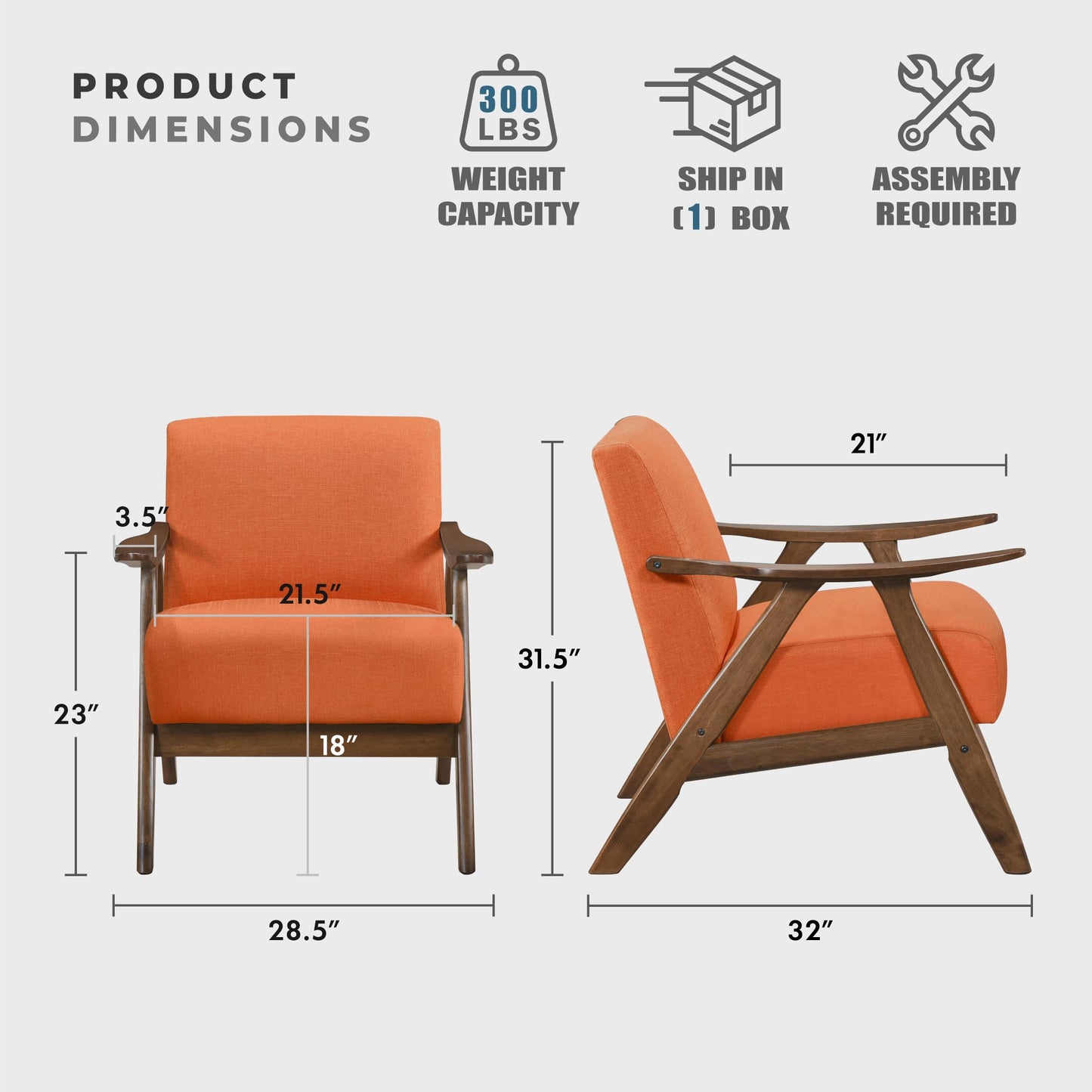 Lexicon Mid Century Modern Accent Chair with Solid Wood Frame in Walnut Finish, Upholstered Living Room Lounge Arm Chair, Thick and Comfy Innerspring Seat Cushion, Linen-Look Fabric, Gray