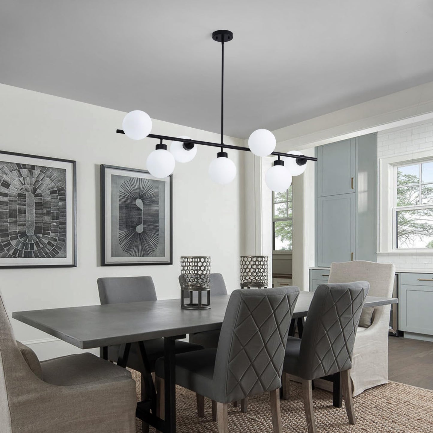 CROSSIO Modern Linear Chandeliers Black 16 Lights Pendant Light Fixtures Bubble Glass Chandelier Mid Century Sputnik Chandelier for Kitchen Island Dining Room
