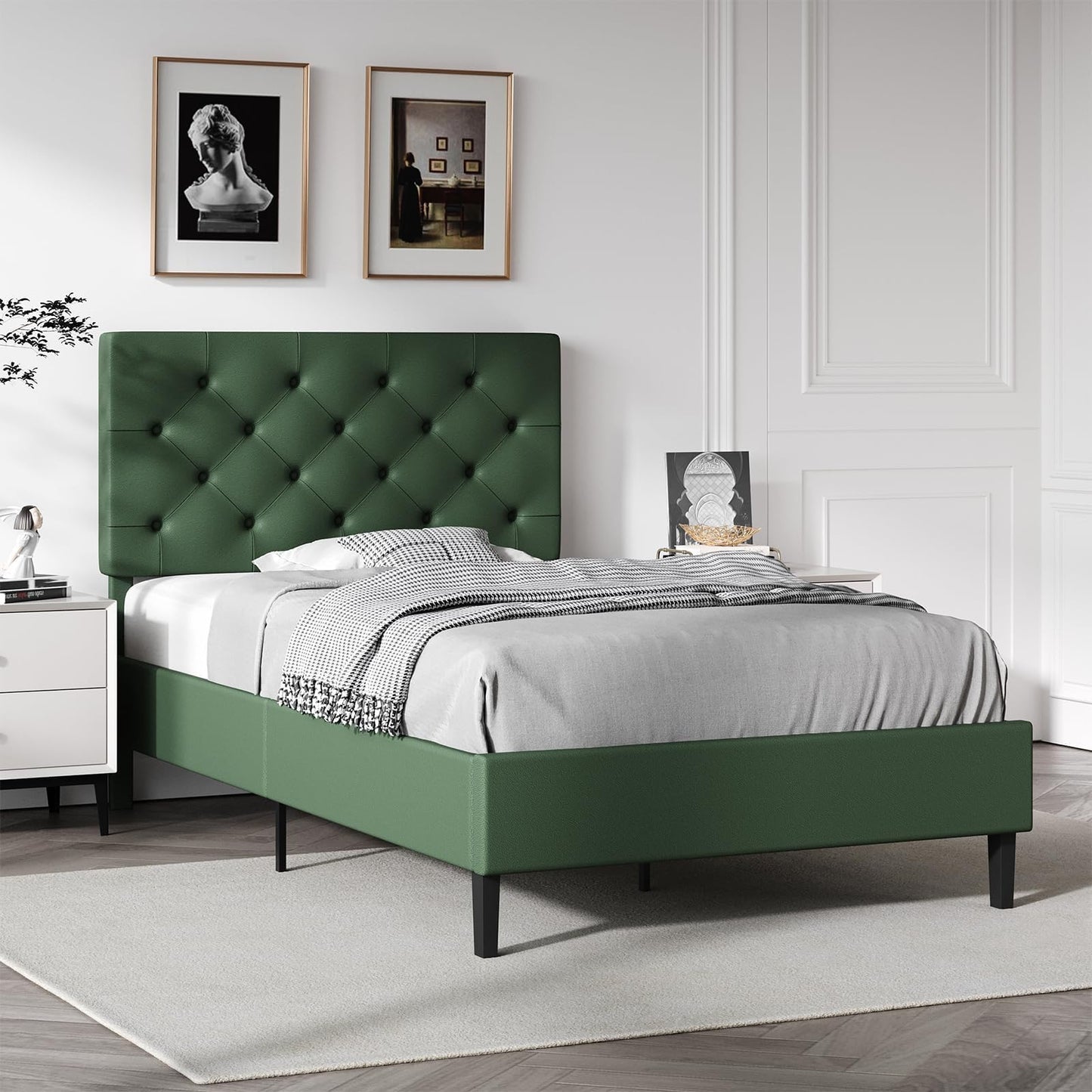 Queen Bed Frame with Headboard, Faux Leather Upholstered Platform Bed Frame, Blue Bed Frame Queen Size, Wooden Slat Support, No Box Spring Needed, Navy Blue