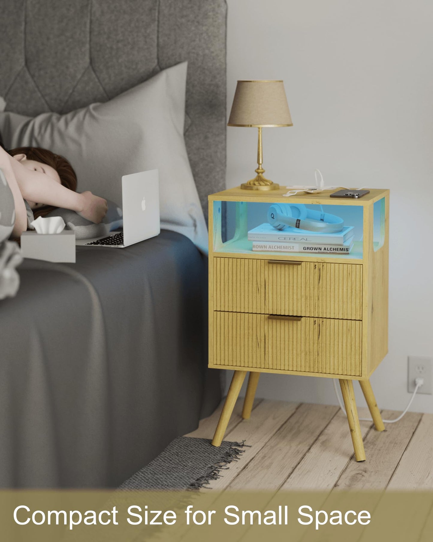 Nightstand with Charging Station and LED Lights,Modern Bedside Table with 2 Storage Drawer and Open Wood Shelf, for Bedroom and Small Spaces,Night Stand with Solid Wood Legs,GreyOak