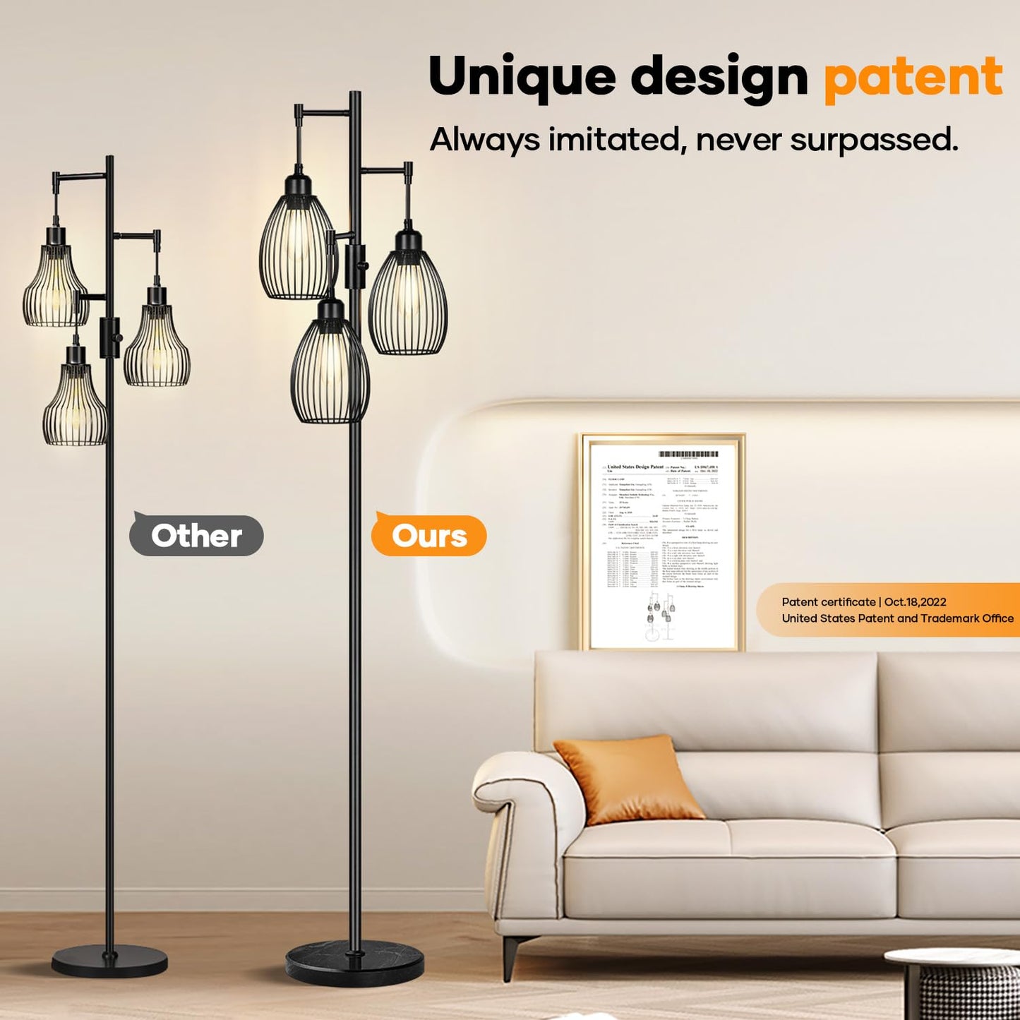 Dimmable Floor Lamp, 3 x 800LM LED Edison Bulbs Included, Farmhouse Industrial Floor Lamp Standing Tree Lamp with Elegant Teardrop Cage Tall Lamps for Living Room Bedroom Office Dining Room-Black