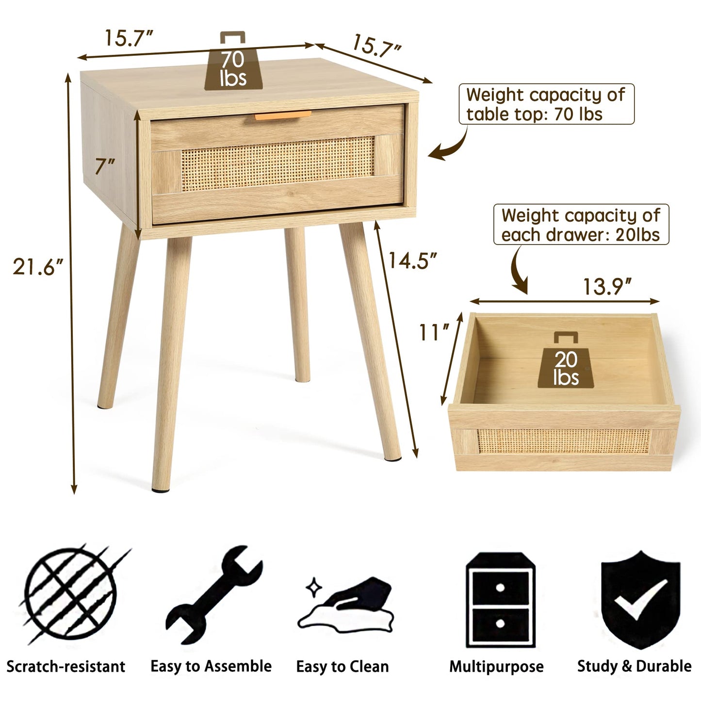 HOPUBUY Nightstands Set of 2 with Rattan Drawer, Modern Night Stand for Bedrooms, Wooden 2 Drawer Bedside Table Side Table for Small Place and Bedroom (Brown, 2 Drawers 2 Pack)