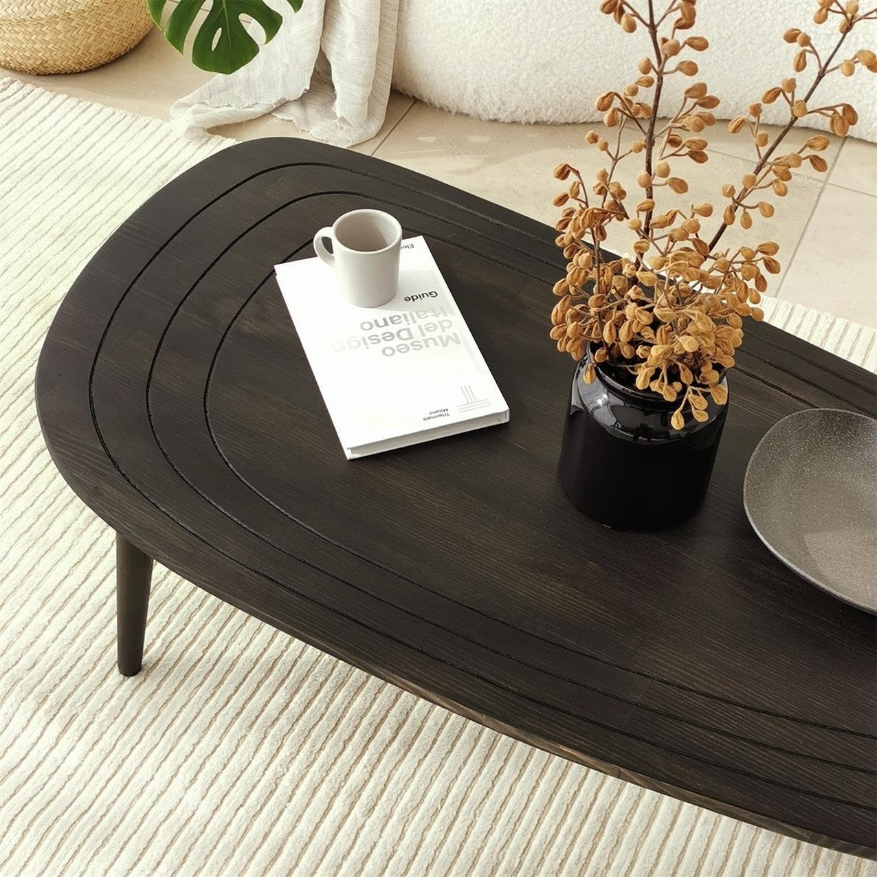 Solid Wood Oval Coffee Table, Engraved Wooden Center Table, Modern Surfboard Table, Mid Century Aesthetic Low Coffee Table, Vintage Living Room Furniture (Walnut)