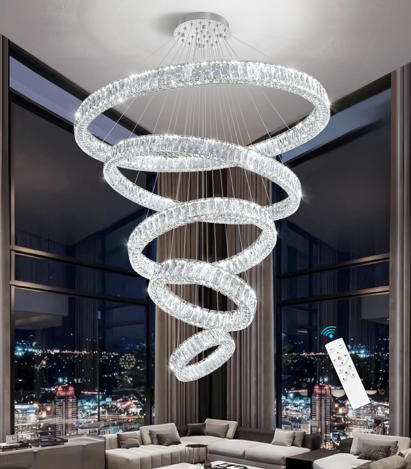 Modern Crystal Chandelier Dimmable LED Ring Pendant Lights Adjustable Glam Chandeliers Lighting Fixtures for Dining Room Living Room Bedroom Silver Light