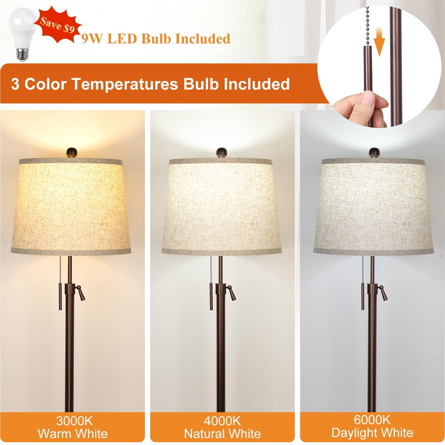 Floor Lamp for Living Room,Adjustable Height Standing Lamp,Dimmable Modern Floor Lamps for Bedroom Office Tall Floor Lights with Pull Chain Bulb Included-Silver Gray Shade