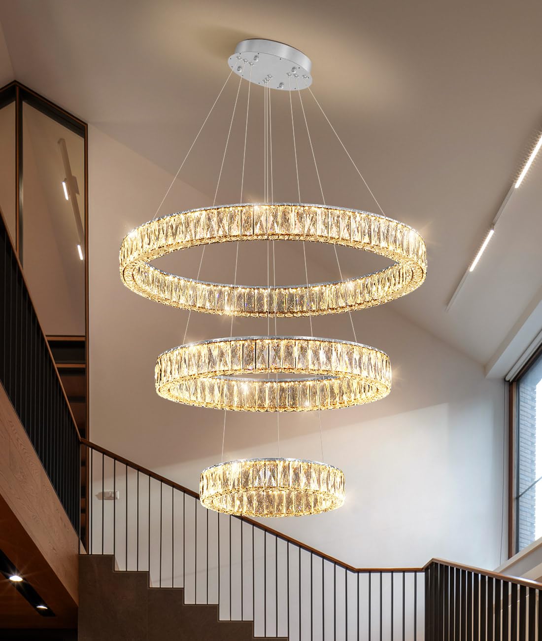 Modern Crystal Chandelier Dimmable LED Ring Pendant Lights Adjustable Glam Chandeliers Lighting Fixtures for Dining Room Living Room Bedroom Silver Light